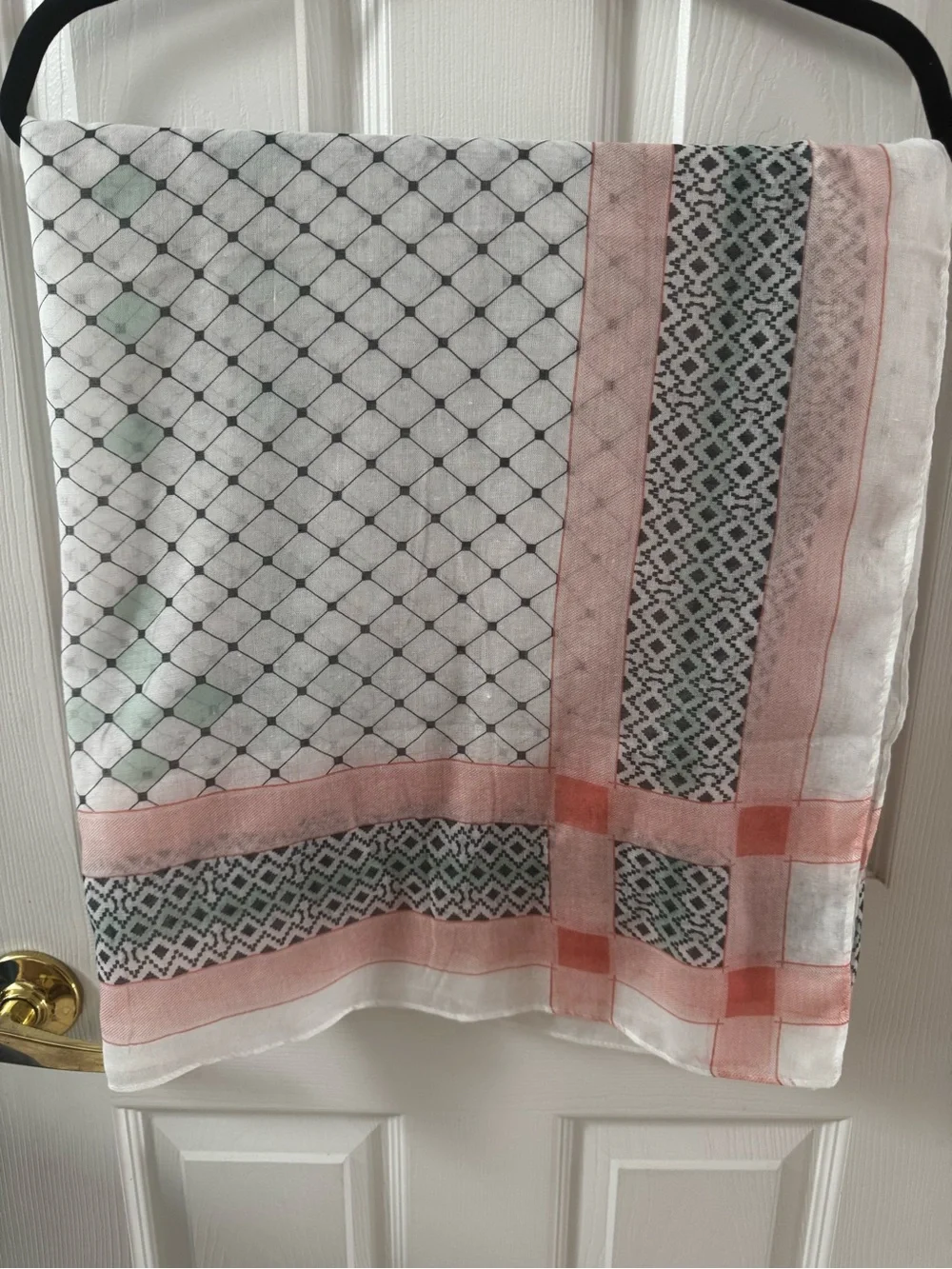 Lightweight White Scarf with Pink and Mint Geometric Border